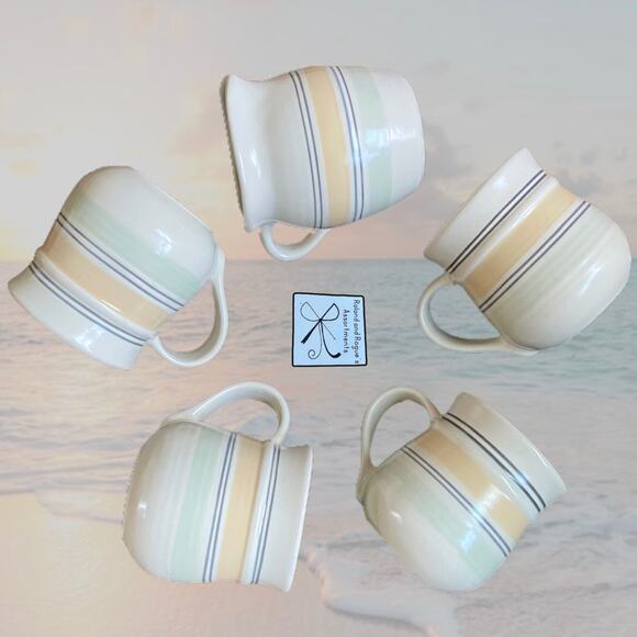 Pfaltzgraff Retired Key Largo Striped 4-Ct Stoneware Mugs and Creamer - Picture 1 of 12